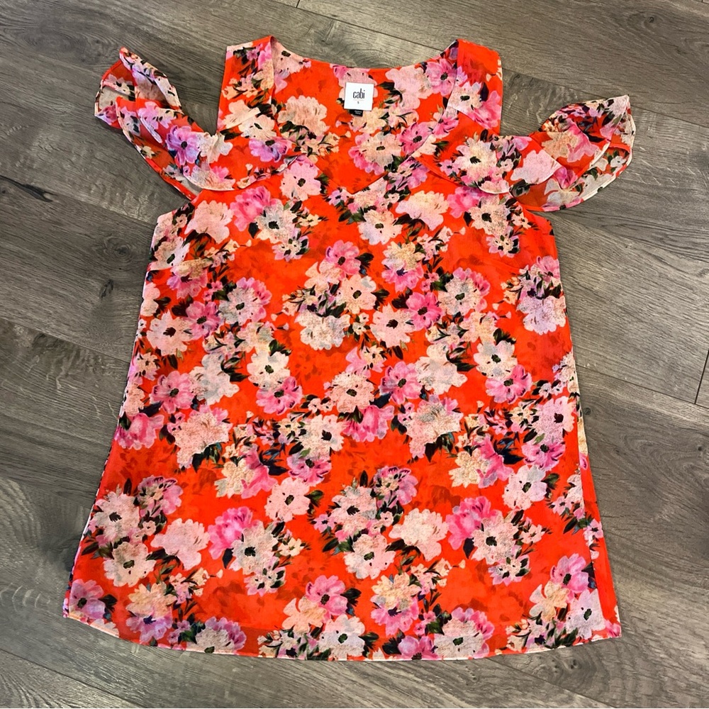 Cabi Blouse Top Size Small Orange Floral Cold Shoulder